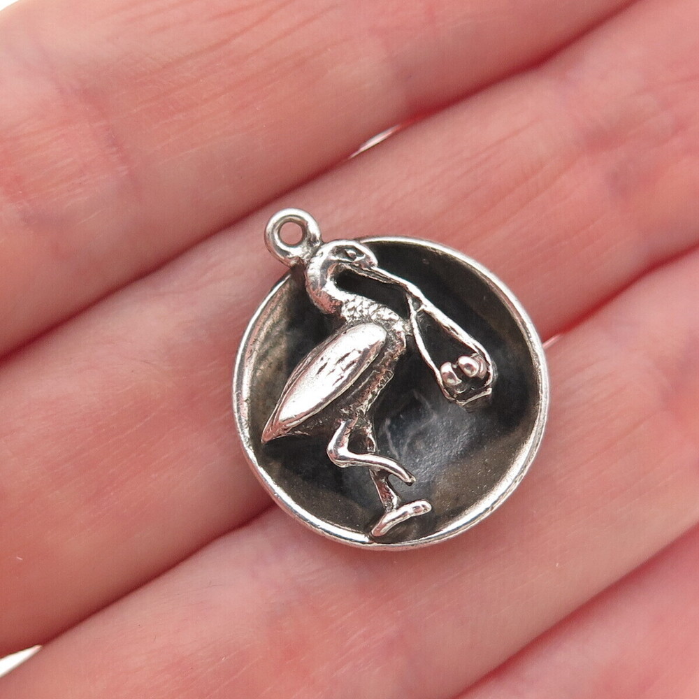 JewelArt Sterling Silver Vintage Stork Carrying Baby Oxidized Mini Charm Pendant